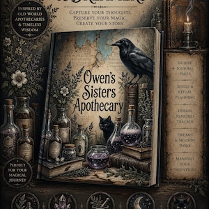 May include: A journal titled "A Journal for Witches, Healers & Dreamers" with the text "Owen's Sisters Apothecary." The image features a raven, apothecary bottles, and the text "Capture your thoughts. Preserve your magic. Create your story."