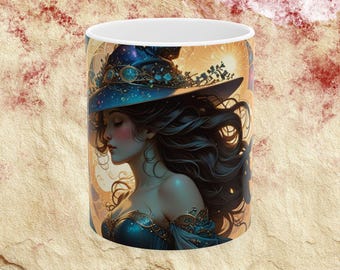 Mystical Witch Illustration Coffee Mug Art Nouveau Vintage Style Witchy Gift