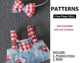 Pinafore Dress / Bow, for plush doll 17 cm, Cute Monster, La fufu, Monster Soft Toy, LB doll , PDF Sewing Pattern & tutorials