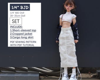 May include: A 1/4 inch BJD doll set includes a short-sleeved top, cropped jacket, and cargo long skirt. The set comes with a PDF sewing pattern and tutorial.