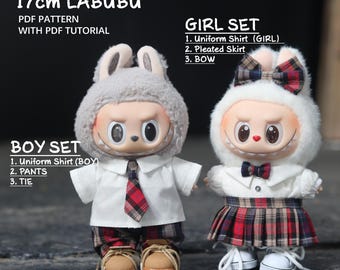 Clothes for 17cm Labubu Doll/Uniform shirt/ Skirt/ Pants/LABUBU Macaron Doll Pattern,PDF pattern/sewing tutorial,Designer Labubu Accessories