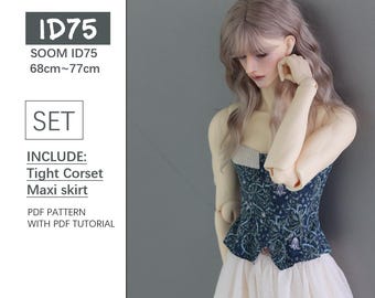 May include: A doll wearing a blue and green floral corset and a white maxi skirt. The doll has long, wavy, light pink hair. The text "ID75 SOOM ID75 68cm~77cm SET INCLUDE: Tight Corset Maxi skirt PDF PATTERN WITH PDF TUTORIAL" is printed on a grey background.