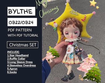 May include: A Christmas-themed doll outfit sewing pattern for Blythe dolls, size OB22/OB24. The pattern includes a star headband, ruffle collar, long sleeve dress, sleeveless overdress, apron, and socks. The pattern is available as a PDF download with a tutorial.