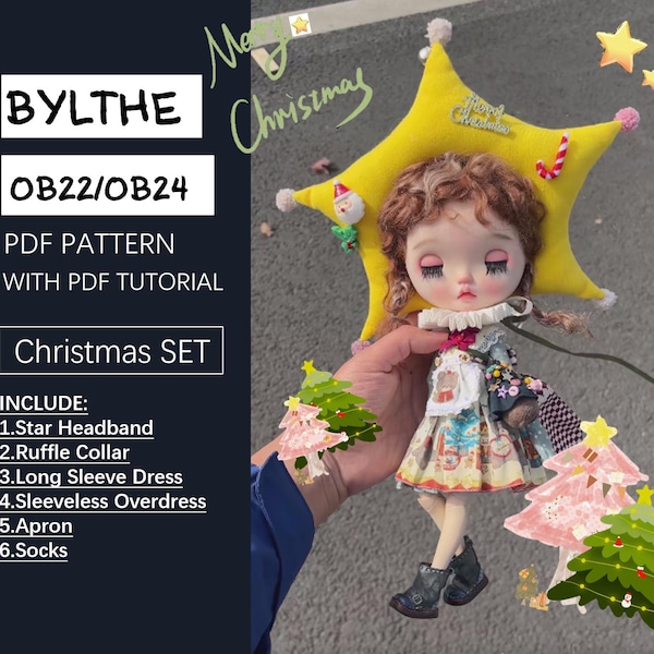 Christmas-outfit / Star Headband/Ruffle Collar/Long Sleeve Dress/Sleeveless Overdress/Apron, pattern / sewing tutorial, for Blythe ob22 ob24