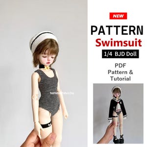 May include: A 1/4 BJD doll wearing a grey and black striped one-piece swimsuit, a white beret with a black trim, and a black choker with a yellow bow. The text reads NEW PATTERN Swimsuit 1/4 BJD Doll PDF Pattern & Tutorial.