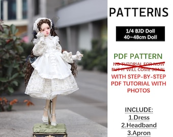 1/4 BJD Doll Clothes PDF sewing Pattern : LongSleeve Dress | Apron | Headband | underskirt | Petticoat  (PDF download )