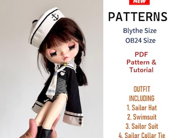 Blythe sewing pattern : Swimsuit | Coat | top | Sailor Collar | Sailor hat | Choker | Thigh garter,  PDF Download OB24