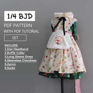 May include: A 1/4 BJD doll outfit sewing pattern set with a PDF tutorial. The set includes a star headband, ruffle collar, long sleeve dress, sleeveless overdress, apron, and socks.