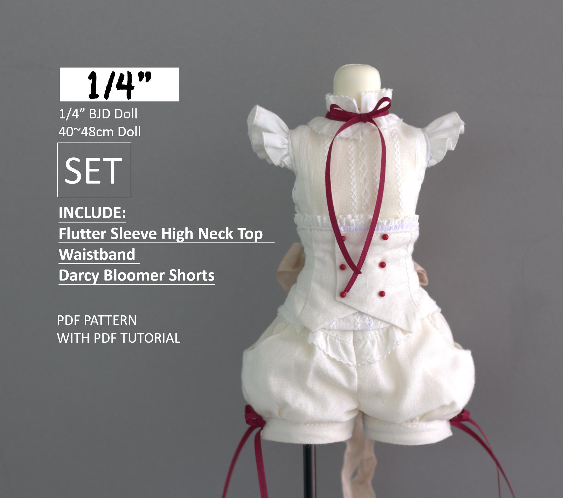 Flutter Sleeve High Neck Top / Waistband /Darcy Bloomer Shorts bjd Doll,  instant download, PDF pattern / sewing tutorial, for 1/4 bjd msd