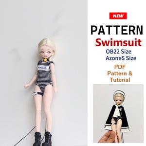 May include: A doll with blonde hair wearing a black and gray striped swimsuit with a Hello label, a yellow star choker, and black boots. Text reads: NEW PATTERN Swimsuit OB22 Size AzoneS Size PDF Pattern & Tutorial. A second image shows the doll in a cape.