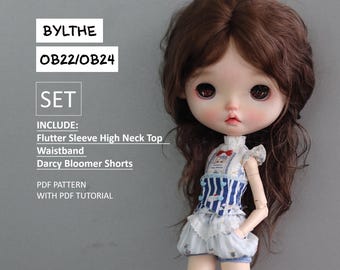 Flutter Sleeve High Neck Top /Waistband /Darcy Bloomer Shorts  Doll,  instant download, PDF pattern / sewing tutorial, for Blythe ob22  ob24