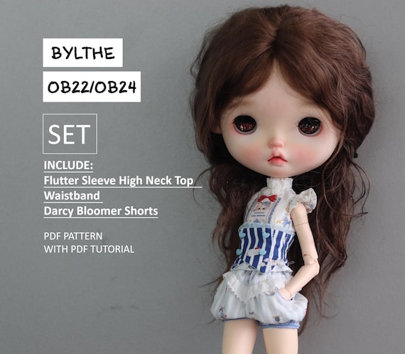 Flutter Sleeve High Neck Top /Waistband /Darcy Bloomer Shorts  Doll,  instant download, PDF pattern / sewing tutorial, for Blythe ob22  ob24