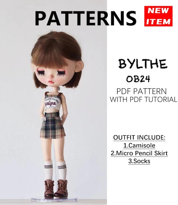 Blythe outfit sewing pattern : Top,  Micro Pencil Skirt & Socks ,  PDF Download, OB24 OB22 Azone