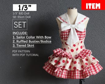 Patrón de costura para muñeca BJD 1/3: cuello marinero, falda escalonada y corpiño con volantes (descarga en PDF)