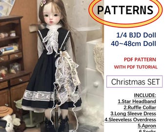 Christmas-outfit /Star Headband/Ruffle Collar/Long Sleeve Dress/Sleeveless Overdress/Apron, pattern/sewing tutorial,for 1/4 BJD DOLL MDD msd