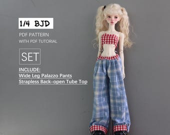 May include: A 1/4 BJD doll outfit set includes a wide-leg palazzo pants and a strapless back-open tube top. The pants are blue and white plaid with red trim. The top is red and white gingham.