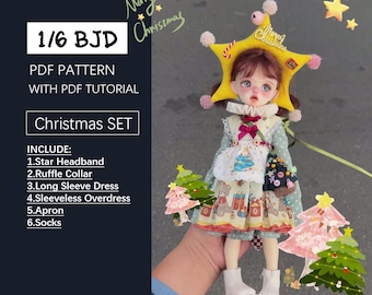 Christmas-outfit: Star Headband/Ruffle Collar/Long Sleeve Dress/Sleeveless Overdress/Apron, PDF patterns & tutorial, for 1/6 Bjd Doll YOSD