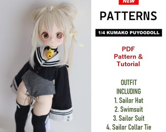 1/4 KUMAKO/ Swimsuit | Coat | top | Sailor Collar | Sailor hat | Choker | Thigh garter , PDF pattern / sewing tutorial, for mdd PUYOODOLL