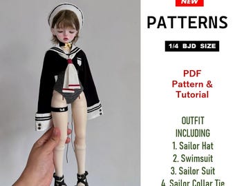 1/4 BJD Doll  sewing Pattern: Swimsuit | Coat | top | Sailor Collar | Sailor hat | Choker | Thigh garter  (1/4 bjd msd size) (Pdf download)