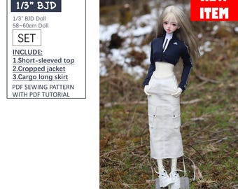 1/3 Bjd Doll patterns : Sleeveless top / Cropped jacket /Cargo long skirt, instant download, PDF sewing pattern / sewing tutorial