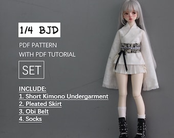 Short Kimono Undergarment / Pleated Skirt/ Obi Belt/ Socks , short dress , instant download, PDF pattern / sewing tutorial, for 1/4 BJD DOLL
