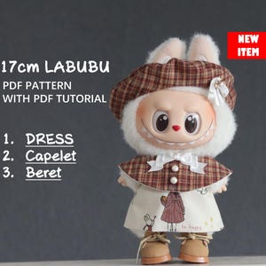 Clothes for 17cm Labubu /Dress/Beret/Capelet/Tweed Aesthetic/Vintage British Revival,PDF pattern/sewing tutorial,Designer Labubu Accessories