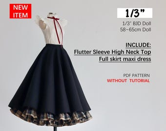 Cropped Puff Sleeve Top, Full skirt maxi dress, instant download, PDF pattern/ NO sewing tutorial, for 1/3 BJD Doll, 39cm-45cm