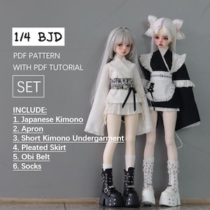 May include: Two 1/4 BJD dolls in Japanese-inspired outfits. One doll wears a white kimono with a black obi belt, pleated skirt, and black boots. The other doll is in a black and white maid-style outfit. The image includes text: PDF pattern set.