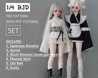 Japanese Kimono/Apron/Socks/maid dress/Short Kimono Undergarment/Pleated Skirt/Obi Belt/Socks, PDF pattern/sewing tutorial, for 1/4 BJD DOLL