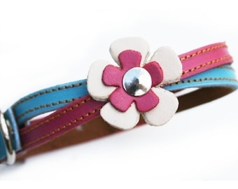 Swirl Leather Dog Collar in Blue and Hot Pink