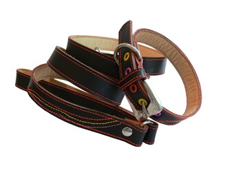 Cool Leather Dog Collar and Leash Set Black and Neon Colors