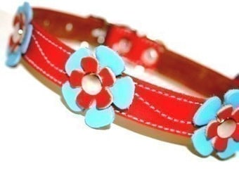 Cool Leather Dog Collar - Red with Light Blue and Red Flowers