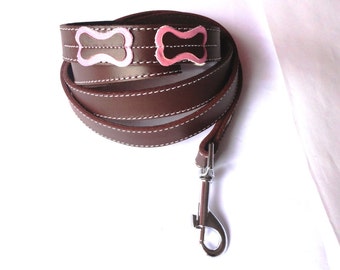 Cool Leather leash lead Brown with pink bones