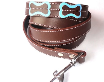 Cool Leather leash lead Brown with light blue bones