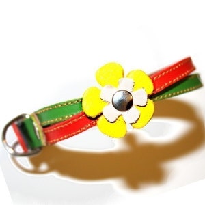 Rasta  Leather Dog Collar -  Red Green and Yellow Flowers