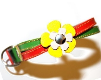 Rasta  Leather Dog Collar -  Red Green and Yellow Flowers