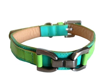 Bello - Cool Leather Dog Collar Turquoise with Lime