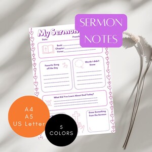 Notas de sermones interactivos para niños | Hojas de trabajo bíblicas para la escuela dominical | 5 colores | A4, A5 y Carta EE.UU. | Materiales escolares cristianos
