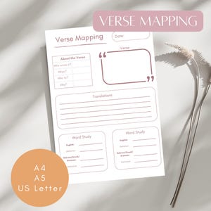 Diario de estudio bíblico con mapas de versículos | Notas de oración, gratitud y guía de estudio bíblico | Digital e imprimible en A4, A5 y Carta de EE. UU.