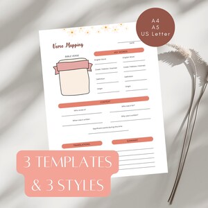 Hojas de trabajo de estudio bíblico | Mapeo de versículos, SOAP y personajes bíblicos | A4, A5, Carta EE.UU. | Diario bíblico imprimible | Plantillas devocionales 3