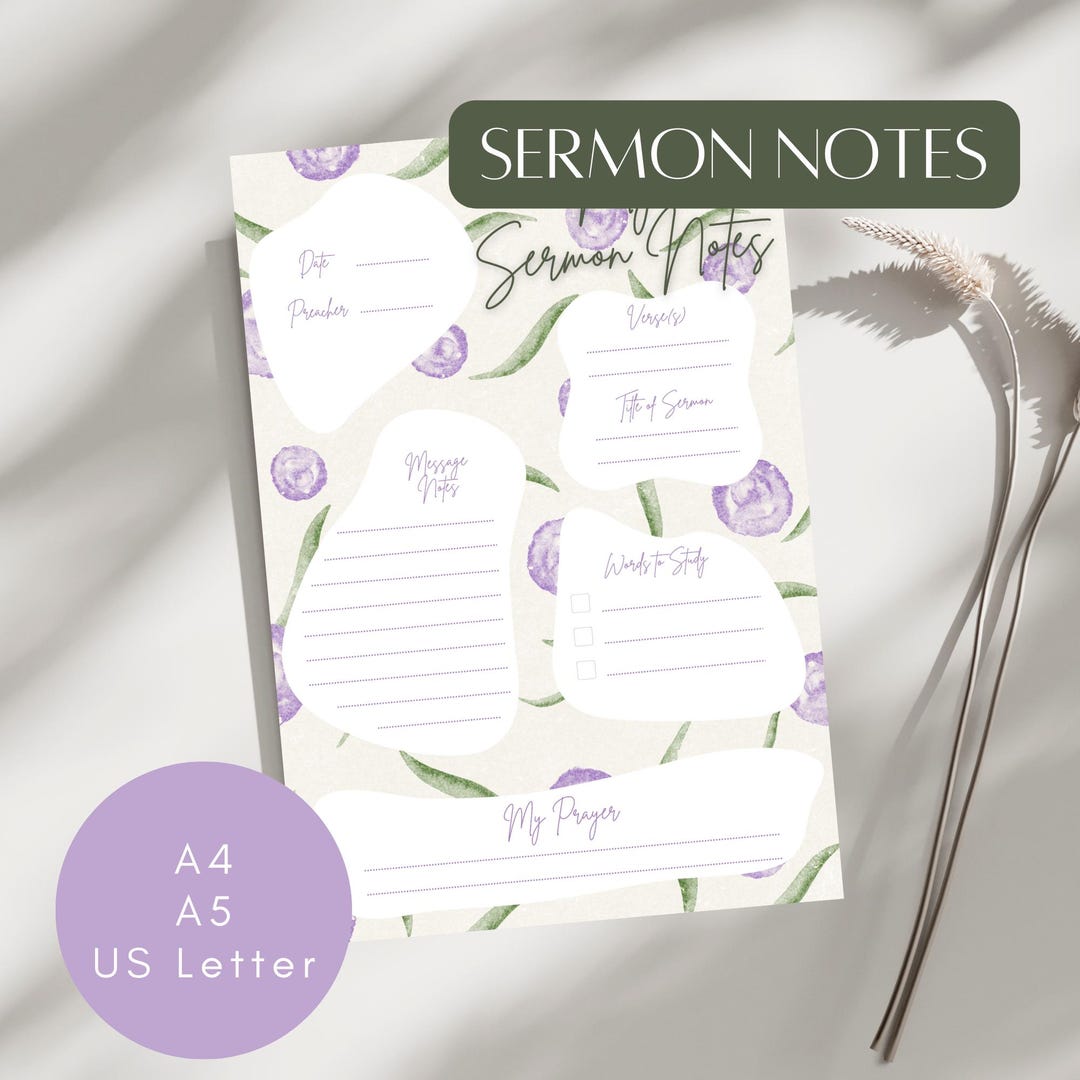 Elegant Floral Sermon Notes Workbook | Printable Bible Study Templates ...