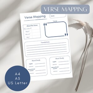 Guía de mapeo de versículos, diario de estudio bíblico imprimible, diario devocional, notas, digital, en tamaños A4, A5 y carta de EE. UU.