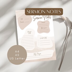 Notas de sermón minimalistas en beige, tamaño A4, A5, carta estadounidense | Hoja de trabajo de la Biblia | Impreso o digital | Estudio bíblico Goodnotes | Fe y reflexión