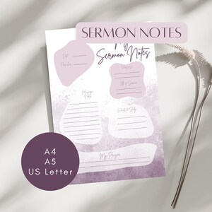 Notas de sermón moradas, tamaño A4, A5, carta estadounidense | Hoja de trabajo de estudio bíblico | Diario de fe Goodnotes | Impreso o digital | Devocional cristiano