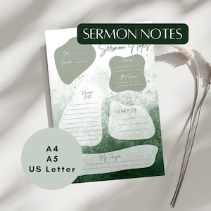 Notas de sermón en acuarela verde, tamaño A4, A5, carta estadounidense | Hoja de trabajo bíblica digital o impresa | Diario bíblico Goodnotes | Notas de fe y devocionales