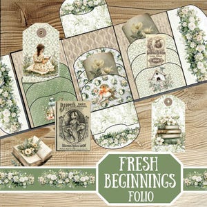 Puede incluir: Un folio de artesanía en papel verde y blanco con el título "Fresh Beginnings Folio". El folio presenta una variedad de imágenes, incluyendo pájaros, flores y libros. El folio está decorado con un patrón floral verde y blanco.