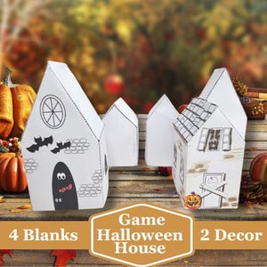 以下が含まれることがあります： 印刷可能なハロウィーンハウスゲームの部品セット。空白のハウスが4つと、装飾されたハウスが2つあります。装飾されたハウスには、コウモリ、幽霊、ドア、窓があります。