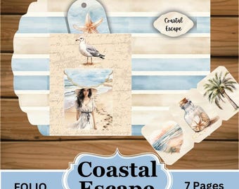 Digital Download Folio, Coastal Escape Printable Beach Themed Kit With Ephemera