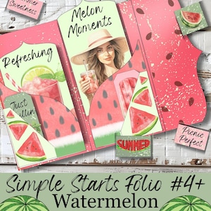 May include: A digital scrapbook folio with a watermelon theme. The folio has a pink background with a watermelon pattern and features images of watermelon slices, a woman drinking a watermelon drink, and the text "Melon Moments", "Refreshing", "Just illin", "Summer", and "Picnic Perfect".