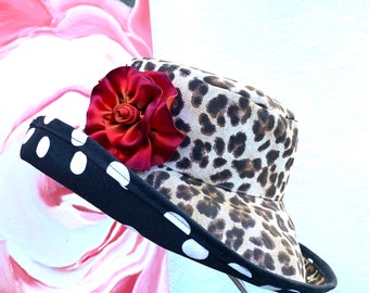 Reversible Leopard Print Sun Hat, Flower Accent, Polka Dot Brim